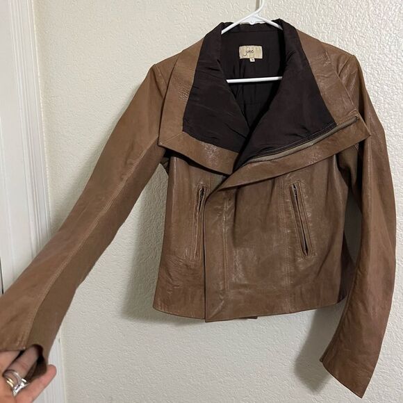 June Brown Leather Biker Moto Jacket Coat Wool Blend Knit Sleeve Size M - Picture 6 of 15